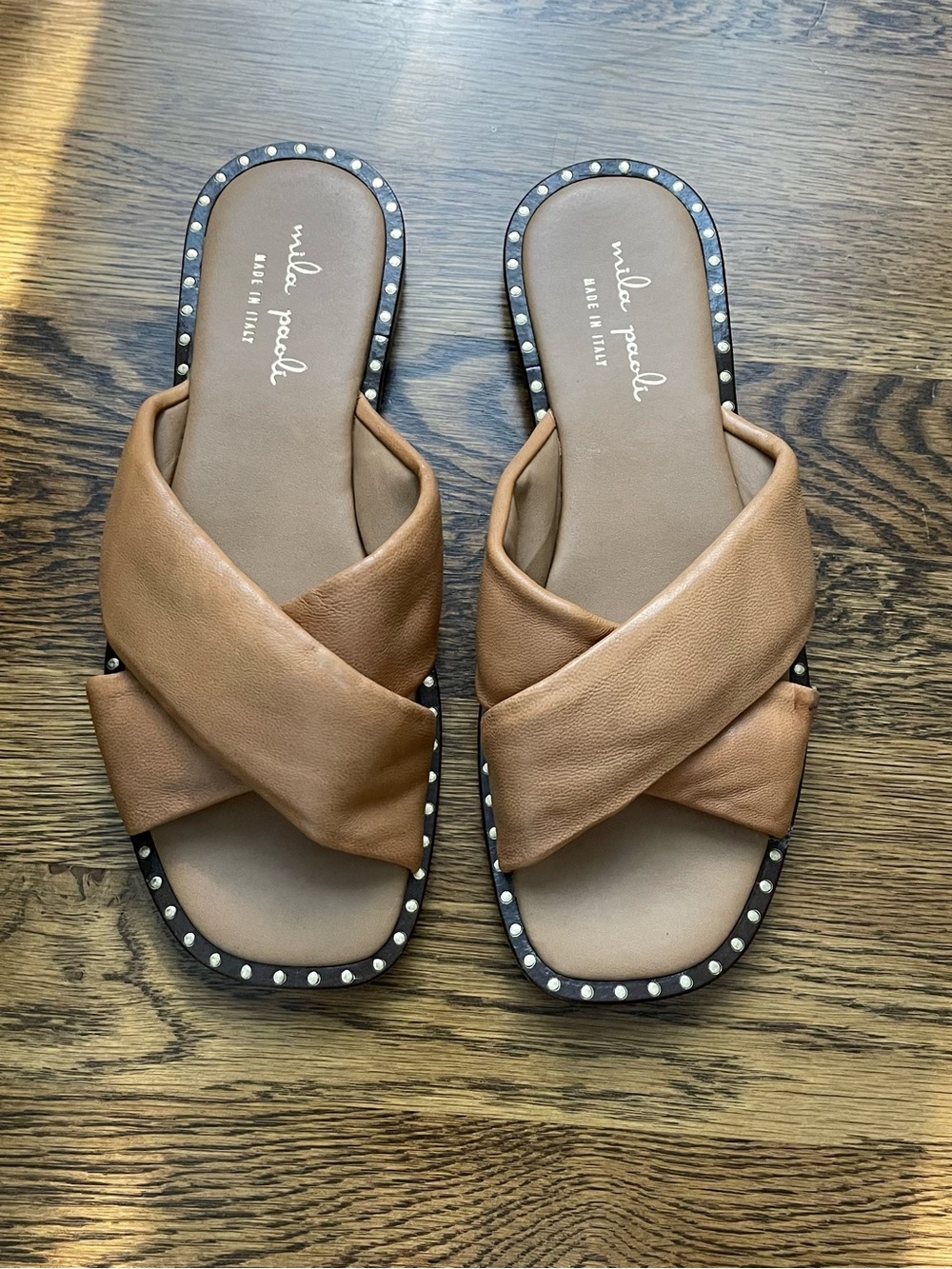 Made in Italy Mila Paoli Tan Leather Crisscross Slide Sandals